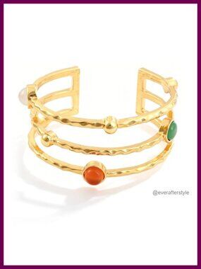 14K Gold Plated Chunky Hammered Cuff Bracelet Agate Open Bangle